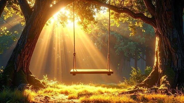 A sun-dappled forest swing bathed in golden light, evoking a sense of peace and childhood nostalgia