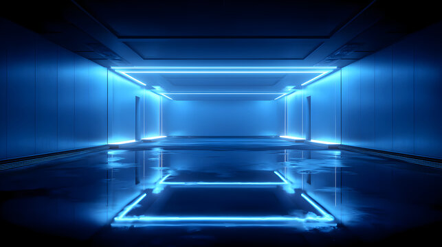 Futuristic blue neon tunnel with glowing geometric shapes on a reflective floor, creating a sense of depth and motion in a dark, abstract environment