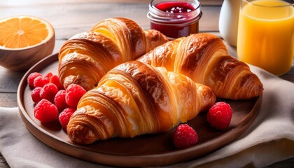 indulge in a delightful breakfast of flaky croissants sweet raspberry jam creamy butter and refreshing orange juice a perfect start to your day