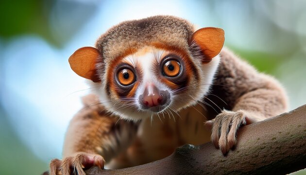 closeup of a slender loris perched on a tree branch its big eyes staring into the camera