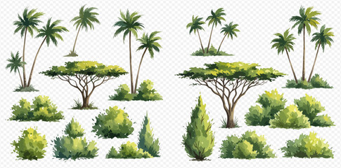 Collection of watercolor-style illustrations of various trees and bushes, including palm trees, acacia trees, cypress, and green shrubs, on a transparent background. © studio