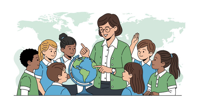 Teacher Educating Children About The World Globe In A Classroom Illustration
