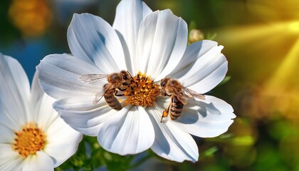 Obraz premium two honey bees collecting pollen from a white flower with a yellow center in a garden on a sunny day