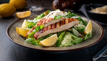 grilled chicken caesar salad with parmesan cheese lemon slices
