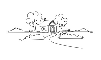 Clean Continuous Line Home and Garden Landscape Vector Drawing Illustration, easily editable.