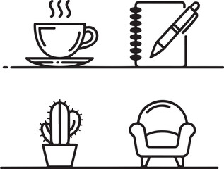 Cozy home office setup with a coffee cup, notebook, armchair, and cactus plant