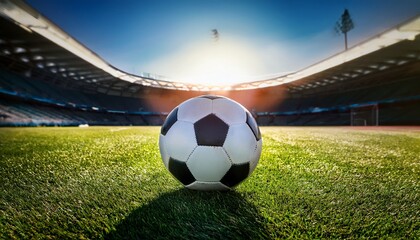closeup of a soccer ball on the grass in a stadium ready for the game to start soon
