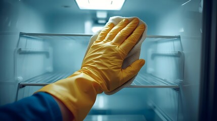 Hand with Yellow Gloves Cleaning Fridge on National Clean Out Your Refrigerator Day for Hygiene and Waste Reduction