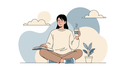 Woman Enjoying Coffee and Book in a Peaceful Setting with Cloudy Background