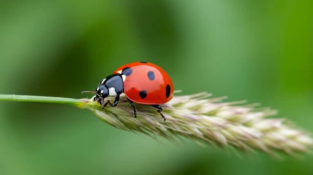A small red ladybug with black spots is slowly crawling on a green plant stem in a natural outdoor environment during a sunny day.