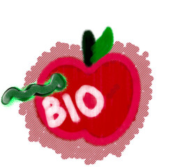 simple, brightly colored digital drawing of a red apple with a green worm, featuring the white text "bio," ideal for themes of ecology, organic food, and nature