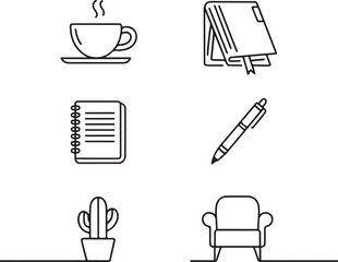 Minimalist outline icons representing a cozy work from home setup with a journal, pen, plant, and hot drink