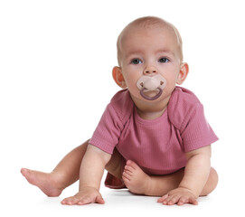 Portrait of cute little baby with pacifier on white background