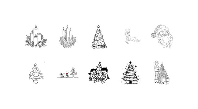 Winter Boy Christmas Tree Line Drawing, Santa Claus Face Vector Illustration Drawing, Illustration of an Advent Wreath with four Candles