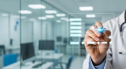 Doctor analyzing medical data visualization with futuristic interface in a modern hospital setting.