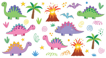 Set of cute doodle dinosaurs for greeting cards and invitations design hand drawn jurassic animals