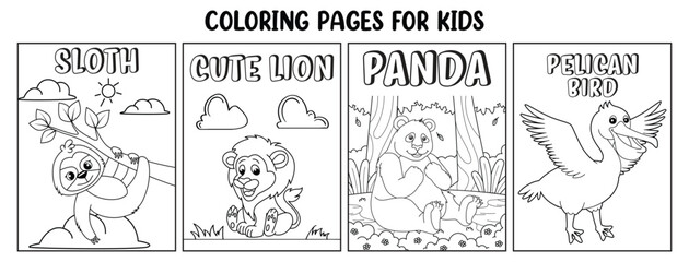 Naklejka premium Coloring pages for kids featuring sloth lion panda and pelican bird coloring book