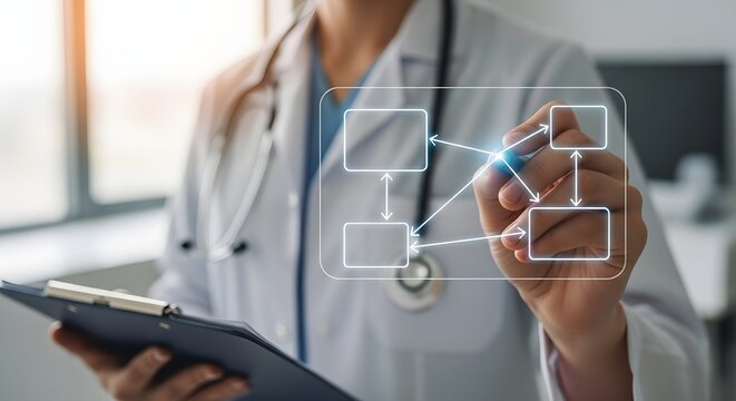 Doctor analyzing medical data network with glowing interface, healthcare technology and digital diagnostics concept. - Powered by Adobe