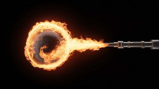 Intense orange flame bursts forth creating a ring of fire from a metallic cannon