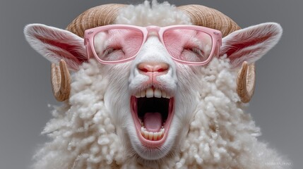 Humorous close-up portrait of a sheep with pink sunglasses and wide-open mouth, laughing or screaming. A funny, expressive animal concept for jokes or memes