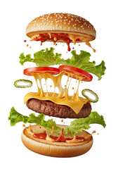Delicious gourmet cheeseburger with fresh ingredients floating in mid air isolated on transparent background