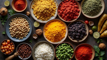 City market filled with spices, overhead top-down pattern shot