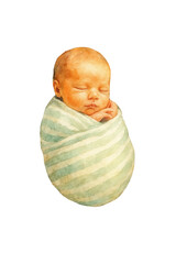 Adorable sleeping newborn baby peacefully swaddled in a soft light blue blanket isolated on transparent background