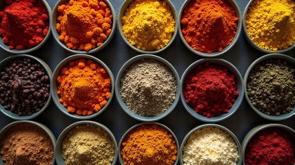 City market filled with spices, overhead top-down pattern shot