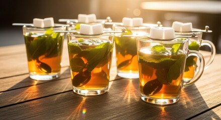Refreshing Iced Mint Tea with Sugar Cubes Served Outdoors