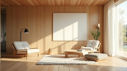Nordic minimalist interior with natural wood and sunlight reflections