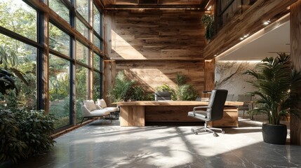 Fototapeta premium Bright indoor office space features large windows wooden accents and lush greenery offering a serene work atmosphere.
