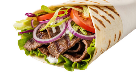 Delicious grilled meat and fresh vegetable wrap with lettuce tomato and onion isolated on transparent background