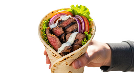 Delicious grilled steak wrap sandwich with fresh vegetables and creamy sauce held in hand isolated on transparent background
