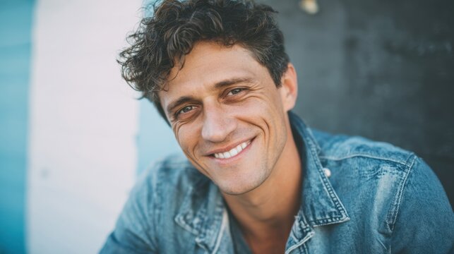 Cheerful man with curly hair sits and smiles warmly while wearing a denim jacket outdoors.