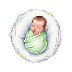 Sweet newborn baby sleeping peacefully wrapped in a green swaddle blanket in a cozy nest isolated on transparent background