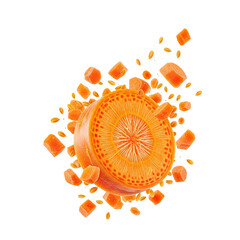 Close up of a vibrant orange carrot slice with small diced pieces exploding outwards isolated on transparent background