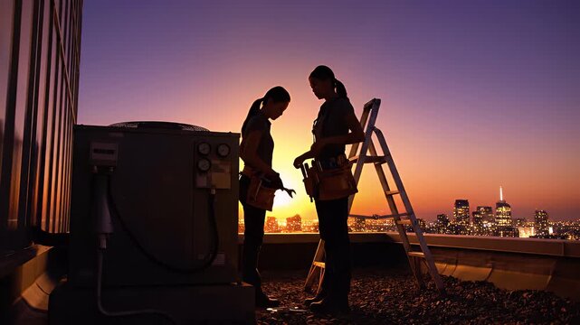 Construction workers silhouette on rooftop at sunset cityscape view.