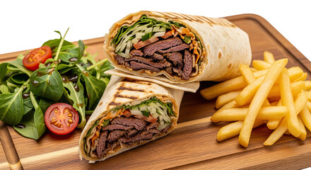 Delicious grilled meat wrap with fresh salad and golden french fries served on a wooden board isolated on transparent background