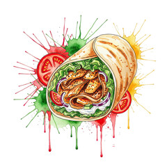 Delicious watercolor illustration of a shawarma wrap with fresh ingredients and colorful splashes isolated on transparent background