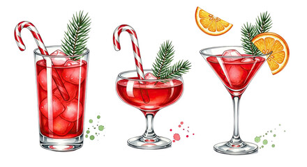 Three festive red christmas cocktails with candy canes and orange slices isolated on transparent background