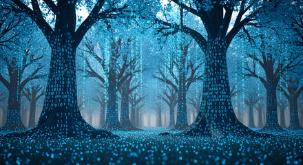 Digital Forest: A mesmerizing visual of a forest, the trees are adorned with binary code, evoking a sense of technological integration with the natural world.