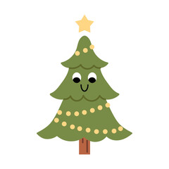 Vector illustration of cute Christmas tree with star on top, smiling face, eyes, yellow garland, and round ornaments. Fun festive character for holiday cards, kids decor, sticker, and winter design.