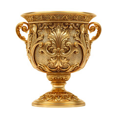 Ornate golden chalice with intricate carvings and handles isolated on transparent background