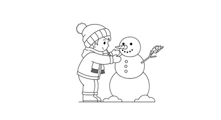 Child building a snowman in winter while smiling and having fun  