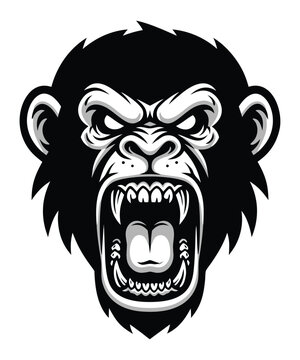 Aggressive Roaring Gorilla or Monkey Mascot Head Vector Illustration, Angry Primate with Fangs, High Contrast Black and White Esports Logo