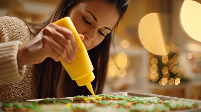 A woman decorates cookies with green icing while using a yellow bottle for precise application. The woman focuses on creating beautiful designs on the tasty cookies.
