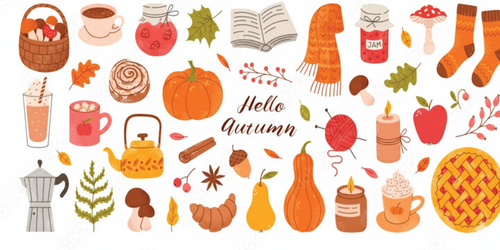 Autumn hand drawn sticker set. Cozy hand drawn autumn elements. Cute fall stickers, scarf, candles, hot cocoa, socks, pie, pumpkin spice latte, mug, jam, leaves, mushrooms. Vector flat illustration. 
