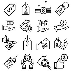 Professional Price Icon Set Showing Discount Offers, Sale Tags, Financial Cost, Money Value, E-Commerce Shopping, and Business Marketing Elements.