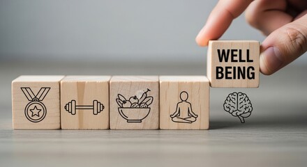 Hand placing a wooden block with the word wellbeing onto a sequence representing a healthy lifestyle