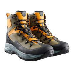 Pair of rugged hiking boots with orange accents isolated on transparent background